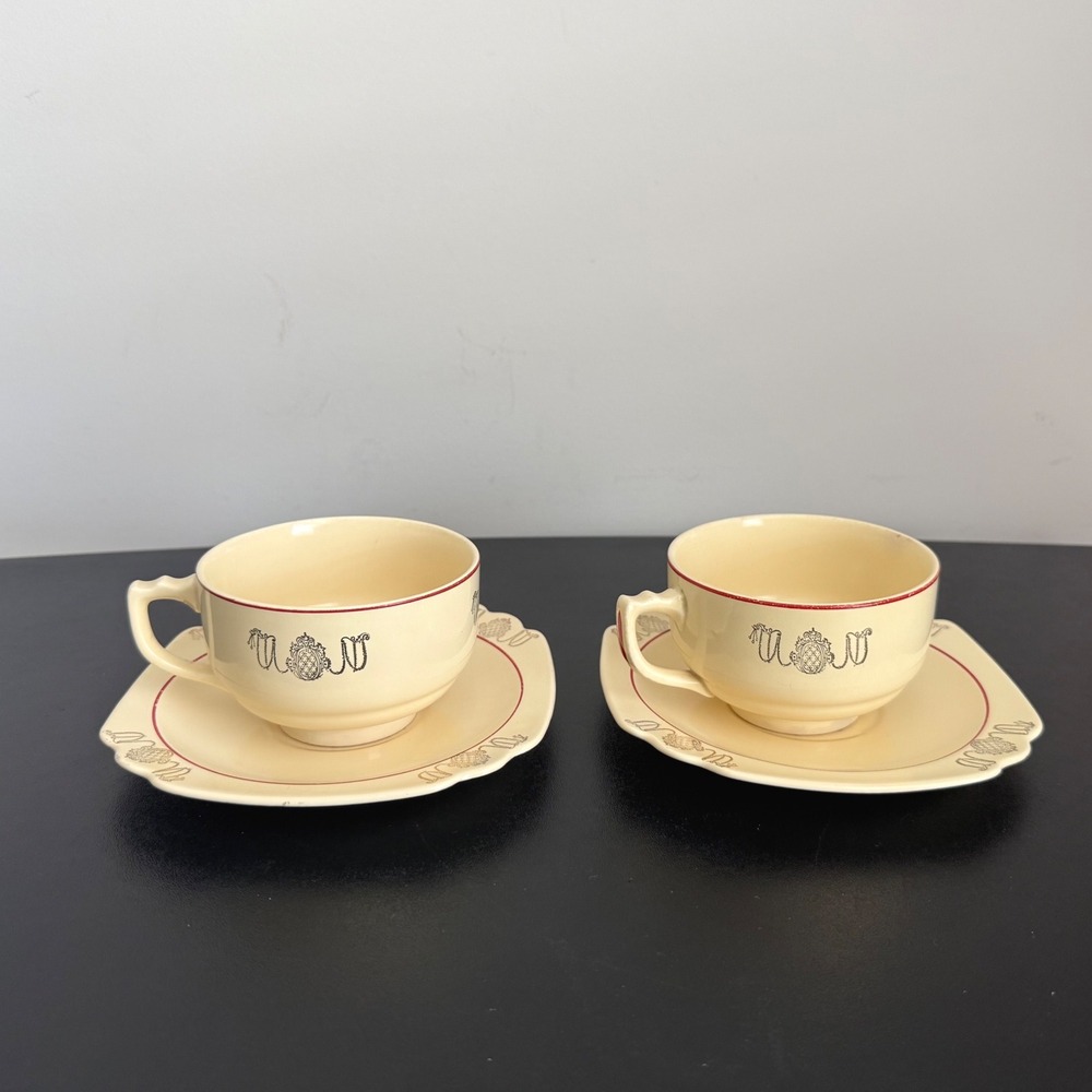 Homer Laughlin Tea Cup Saucer Set 2 Cream Red Gold Art Deco 1938 USA